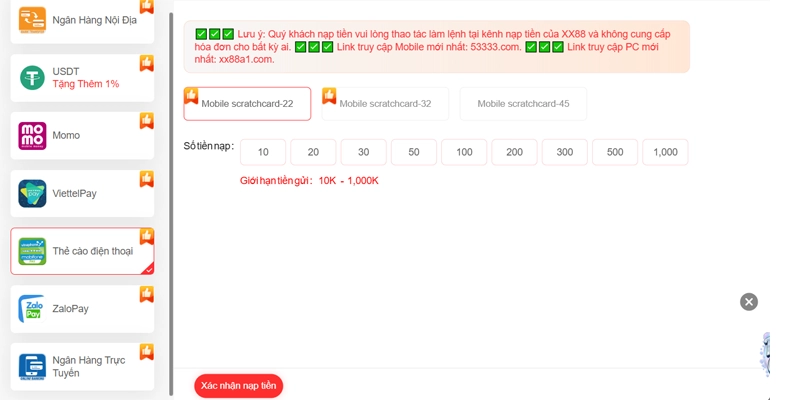 Nạp Tiền XX88 Nhanh Và An Toàn 100% Dành Cho Người Mới 18 Nạp tiền XX88 bằng thẻ cào điện thoại