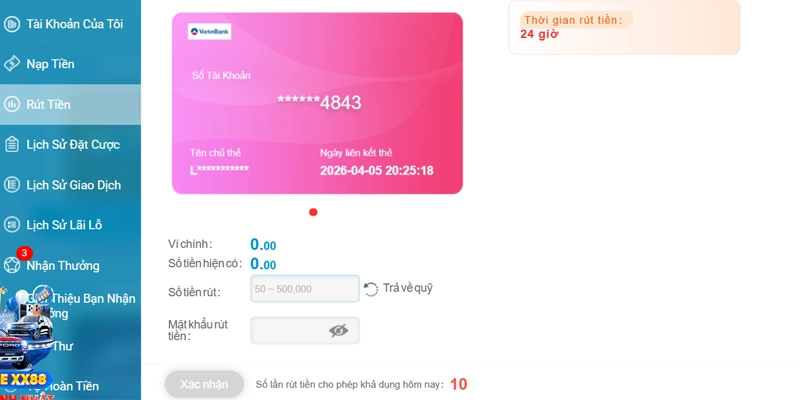 Rút Tiền XX88 - Hướng Dẫn Các Bước Giao Dịch Nhanh Chóng 13 Nhập số tiền muốn rút và điền mật khẩu rút tiền XX88